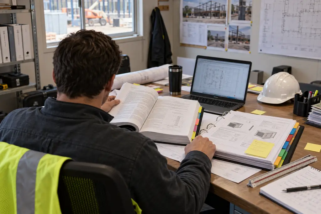 Project engineer at a desk reviewing a tabbed spec book and a submittal binder, with a laptop and a hard hat nearby