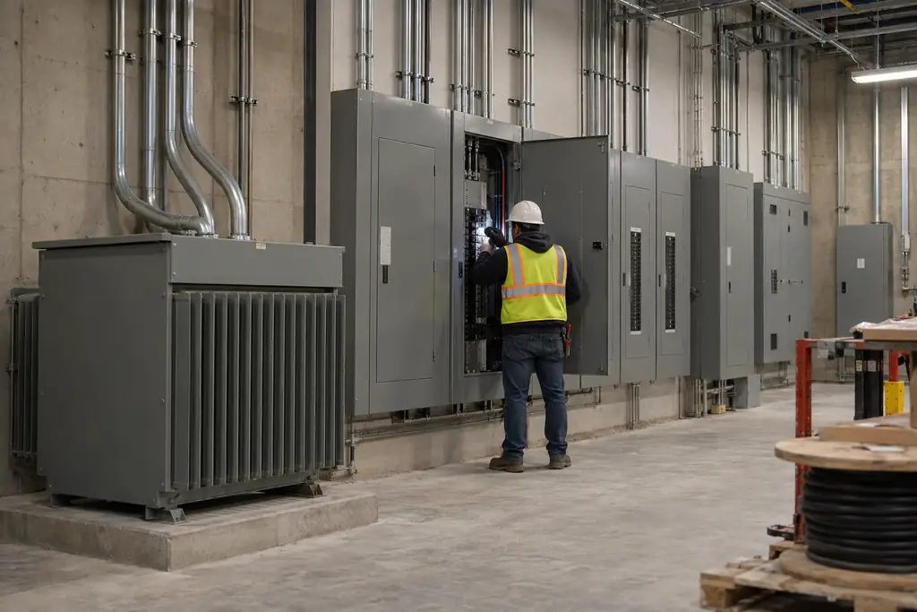 Electrician in a hard hat and high-visibility vest inspecting an open panelboard in an electrical room beside a transformer